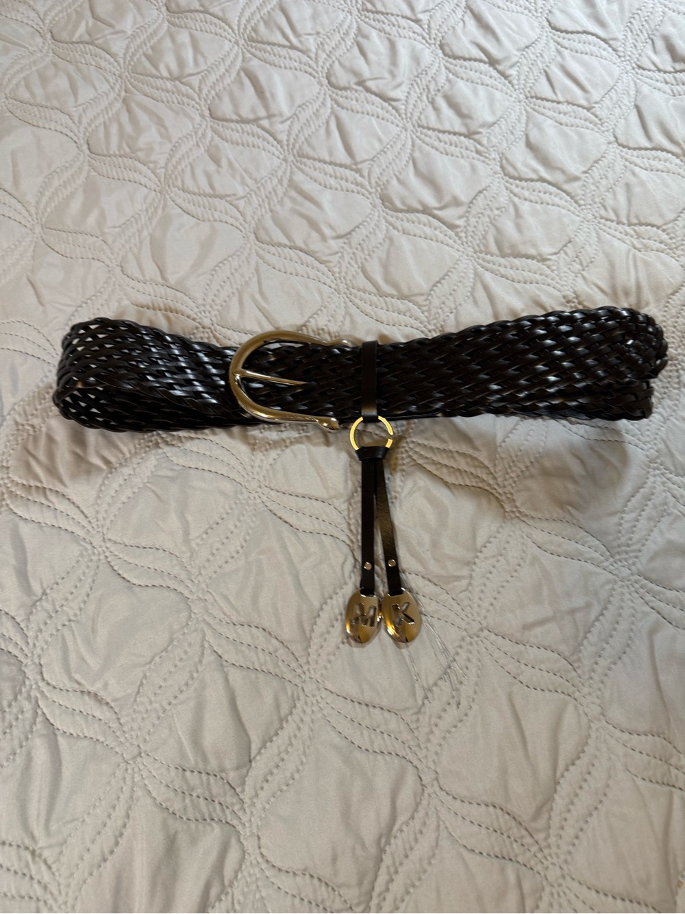 Michael Kors Black Braided Leather Belt Silver Buckle Medium